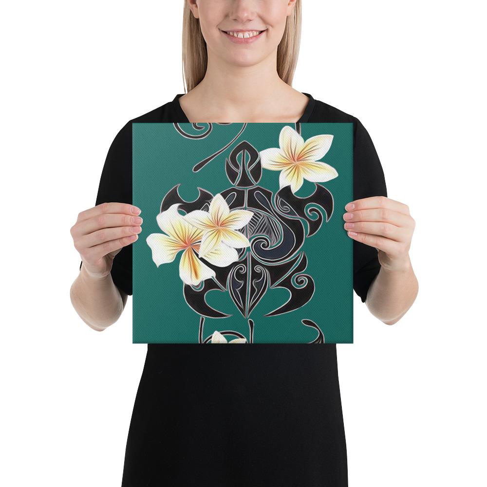 Turtle Poly Trinal Plumeria Turquoise Canvas 12x12 Canvas Turquoise - Polynesian Pride