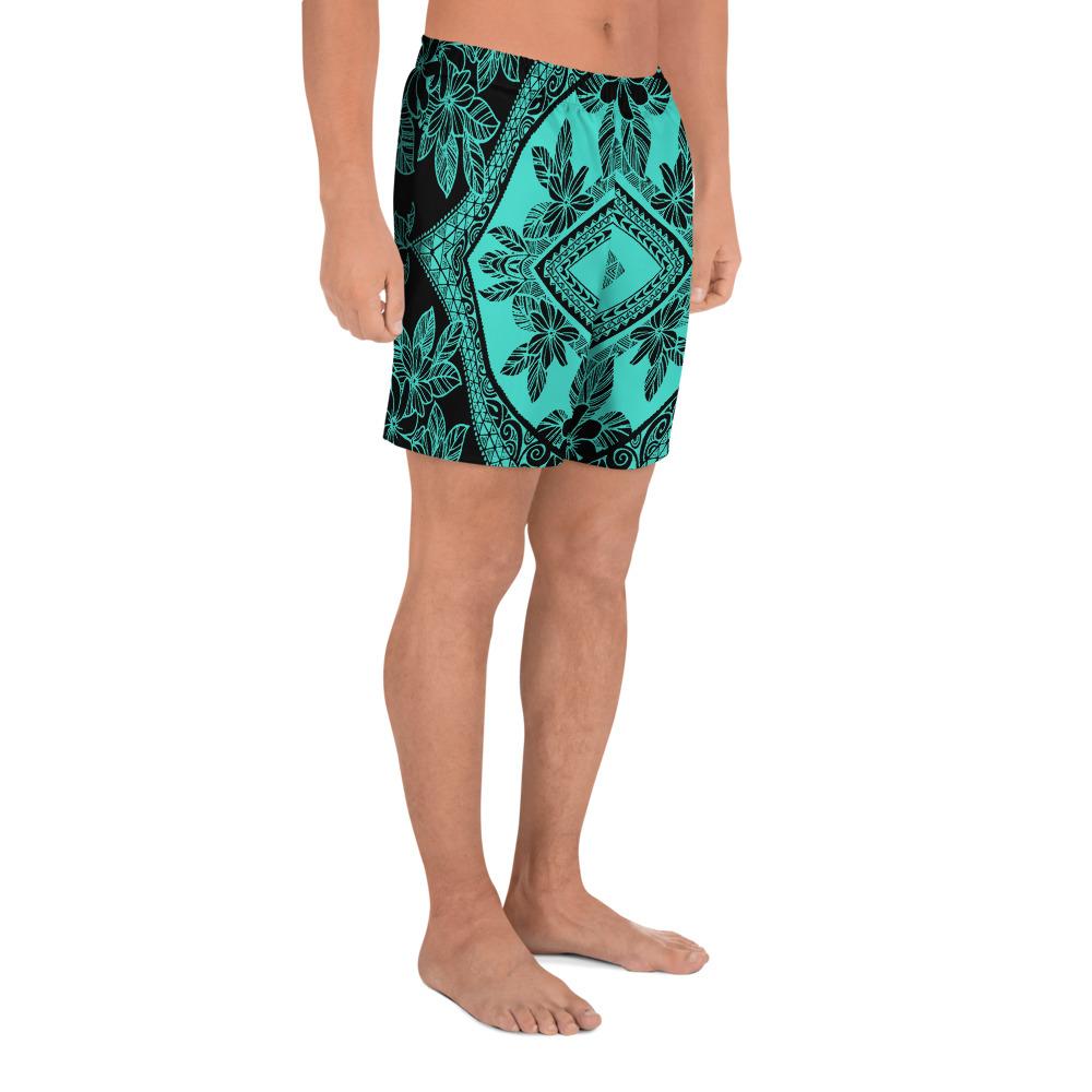 Polynesian Plumeria Mix Turquoise Black Men's Athletic Long Shorts - Polynesian Pride