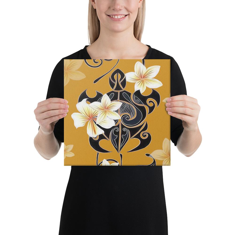 Turtle Poly Tribal Plumeria Yellow Canvas 12x12 Canvas Yellow - Polynesian Pride