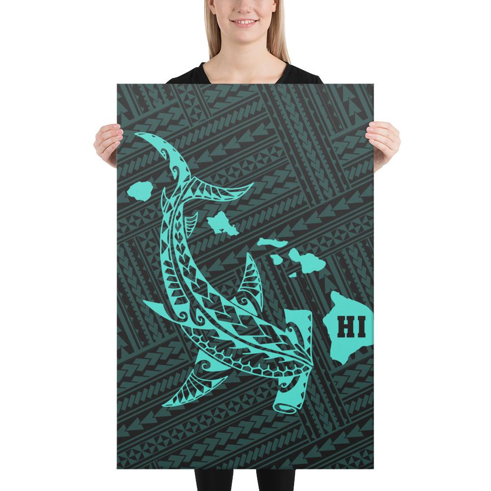 Hawaiian Map Hammerhead Shark Polynesian Canvas Turquoise 24x36 Canvas Turquoise - Polynesian Pride