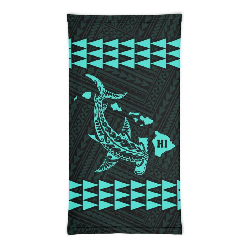 Hawaii Bandana Kakau Polynesian Hammerhead Shark Map Neck Gaiter - Turquoise - Polynesian Pride