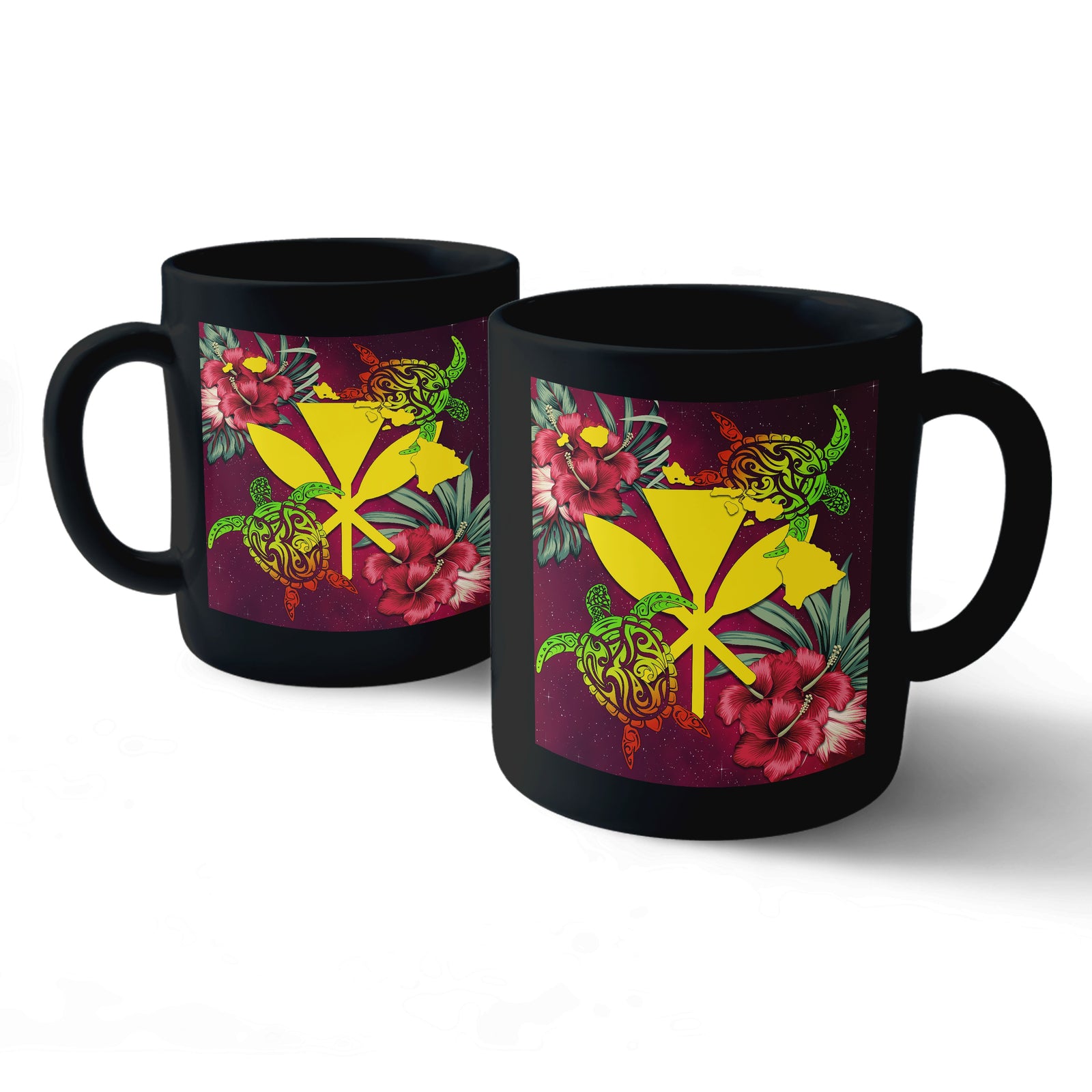Kanaka Map Turtle Hibiscus Mug - Red Velvet - AH Mug 11oz Black - Polynesian Pride