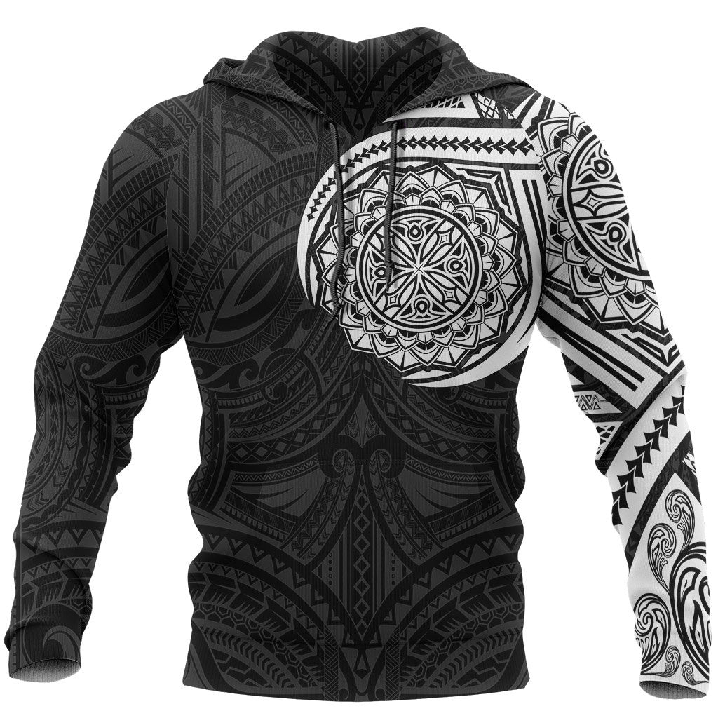 Hoodie Polynesian Flowers Tattoo Style Hoodie Unisex Black & White - Polynesian Pride