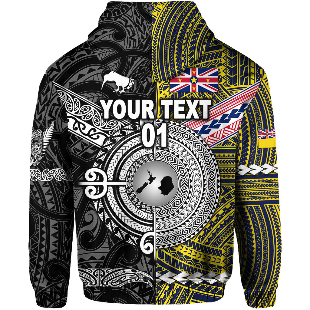 Custom New Zealand Niue Zip Hoodie Maori and Polynesian Together Black, Custom Text and Number LT8 - Polynesian Pride