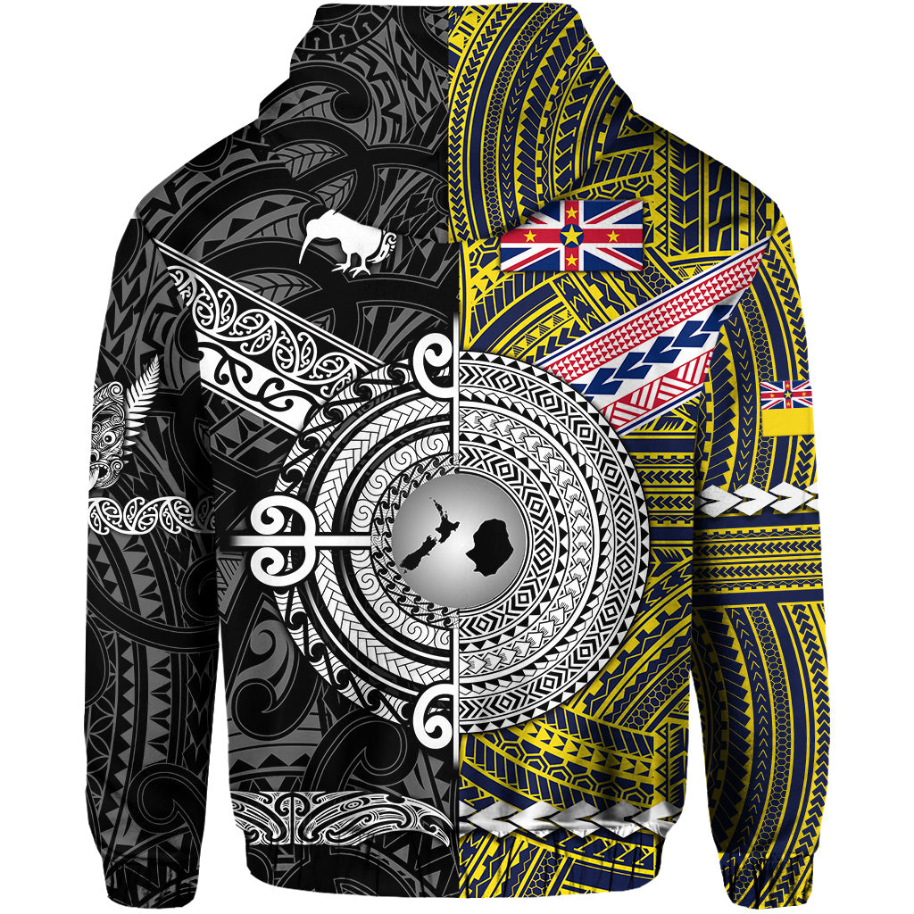 New Zealand Niue Zip Hoodie Maori and Polynesian Together Black LT8 - Polynesian Pride