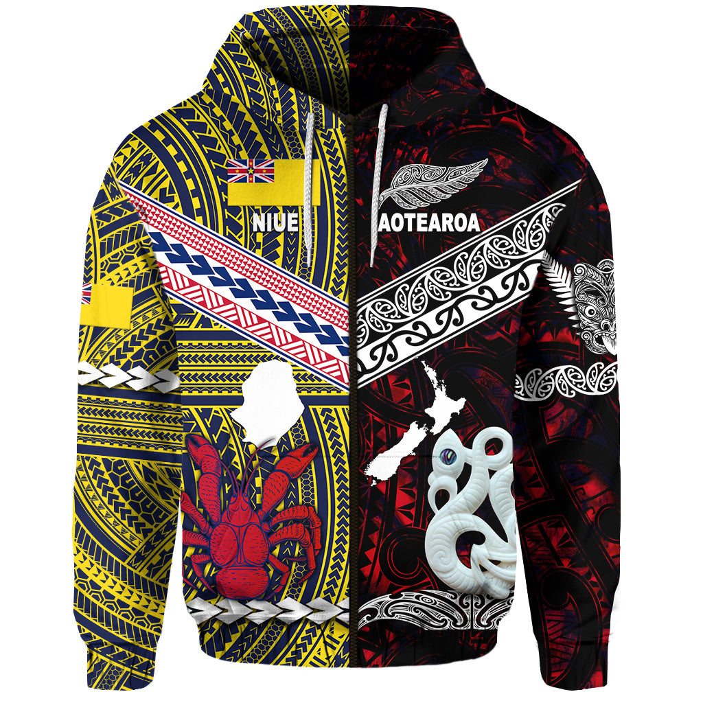New Zealand Niue Zip Hoodie Maori and Polynesian Together Red LT8 - Polynesian Pride
