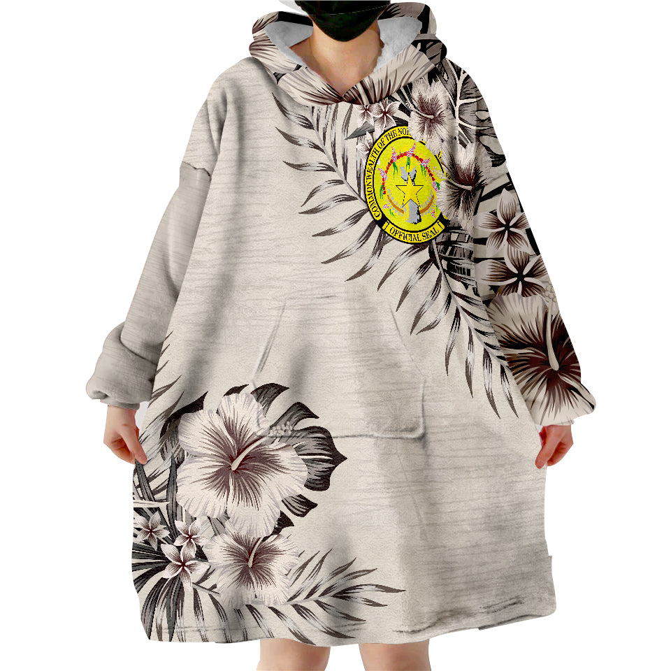 Northern Mariana Islands Flag Beige Hibiscus Wearable Blanket Hoodie LT9 - Polynesian Pride