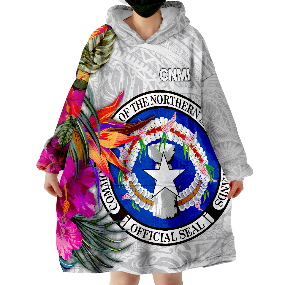 Northern Mariana Islands Hibiscus Polynesian White pattern Wearable Blanket Hoodie LT9 - Polynesian Pride