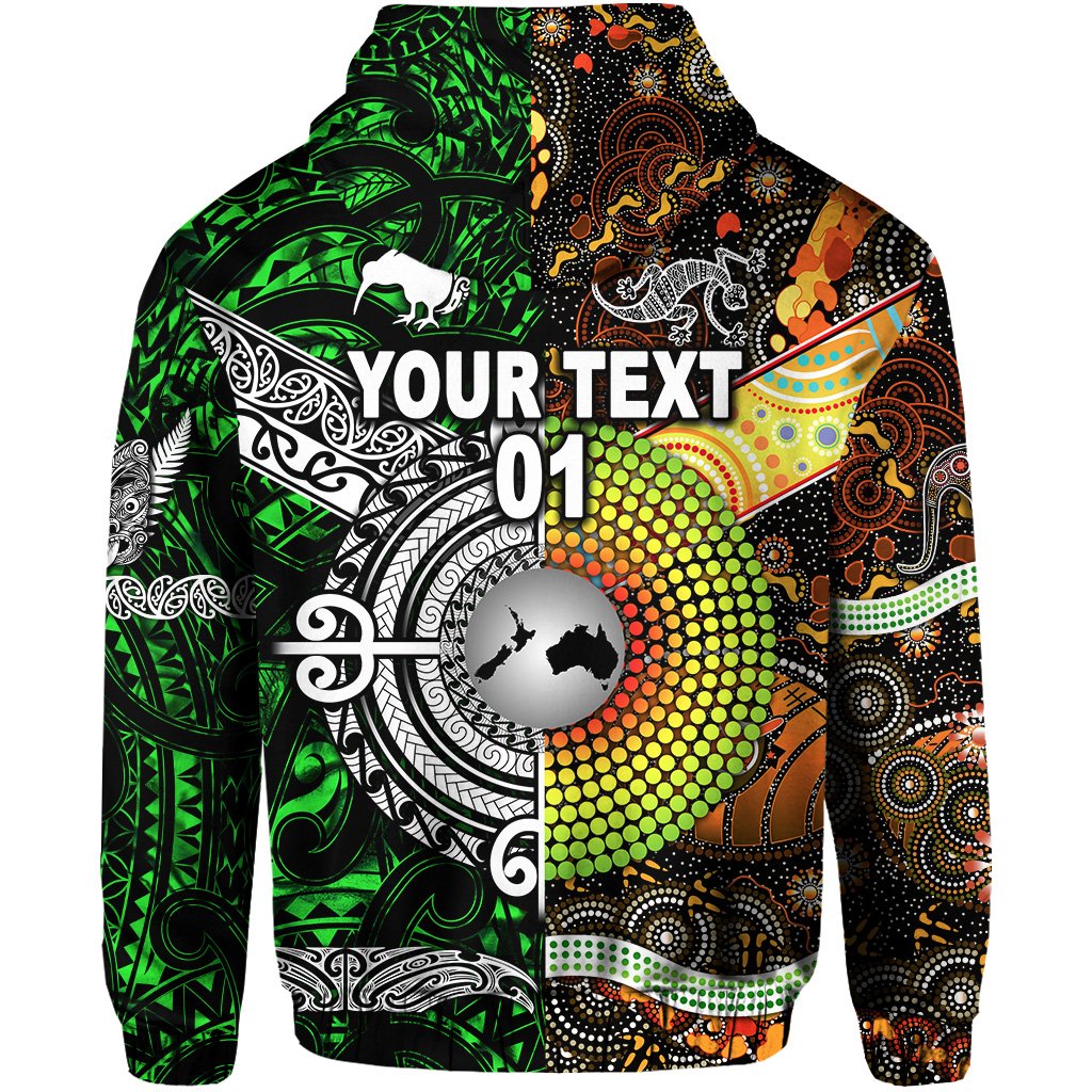 Custom New Zealand Australia Hoodie Maori and Aboriginal Together Green, Custom Text and Number LT8 - Polynesian Pride