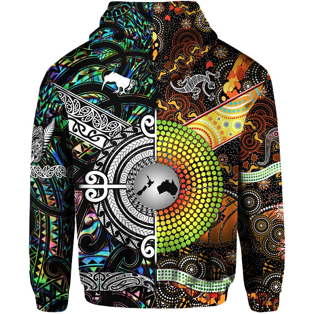 Custom New Zealand Australia Zip Hoodie for Kid Maori and Aboriginal Together Paua Shell LT8 - Polynesian Pride
