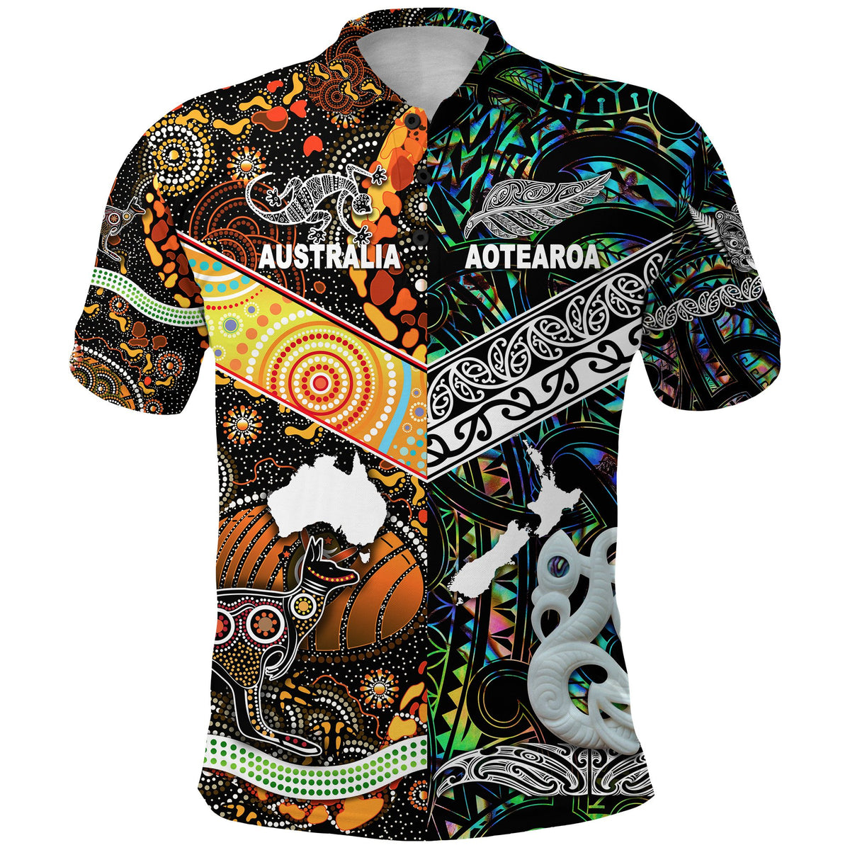 New Zealand Australia Polo Shirt Maori and Aboriginal Together Paua Shell LT8 - Polynesian Pride