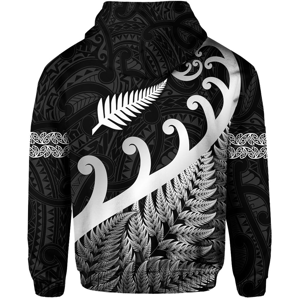 New Zealand Rugby Maori Zip Hoodie Silver Fern Koru Vibes Black LT8 - Polynesian Pride