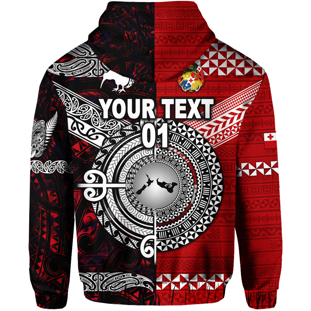 Custom New Zealand Tonga Zip Hoodie Maori and Polynesian Together Red, Custom Text and Number LT8 - Polynesian Pride