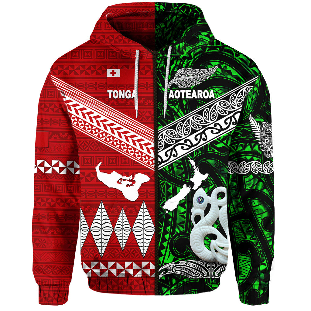 Custom New Zealand Tonga Zip Hoodie Maori and Polynesian Together Green, Custom Text and Number LT8 - Polynesian Pride