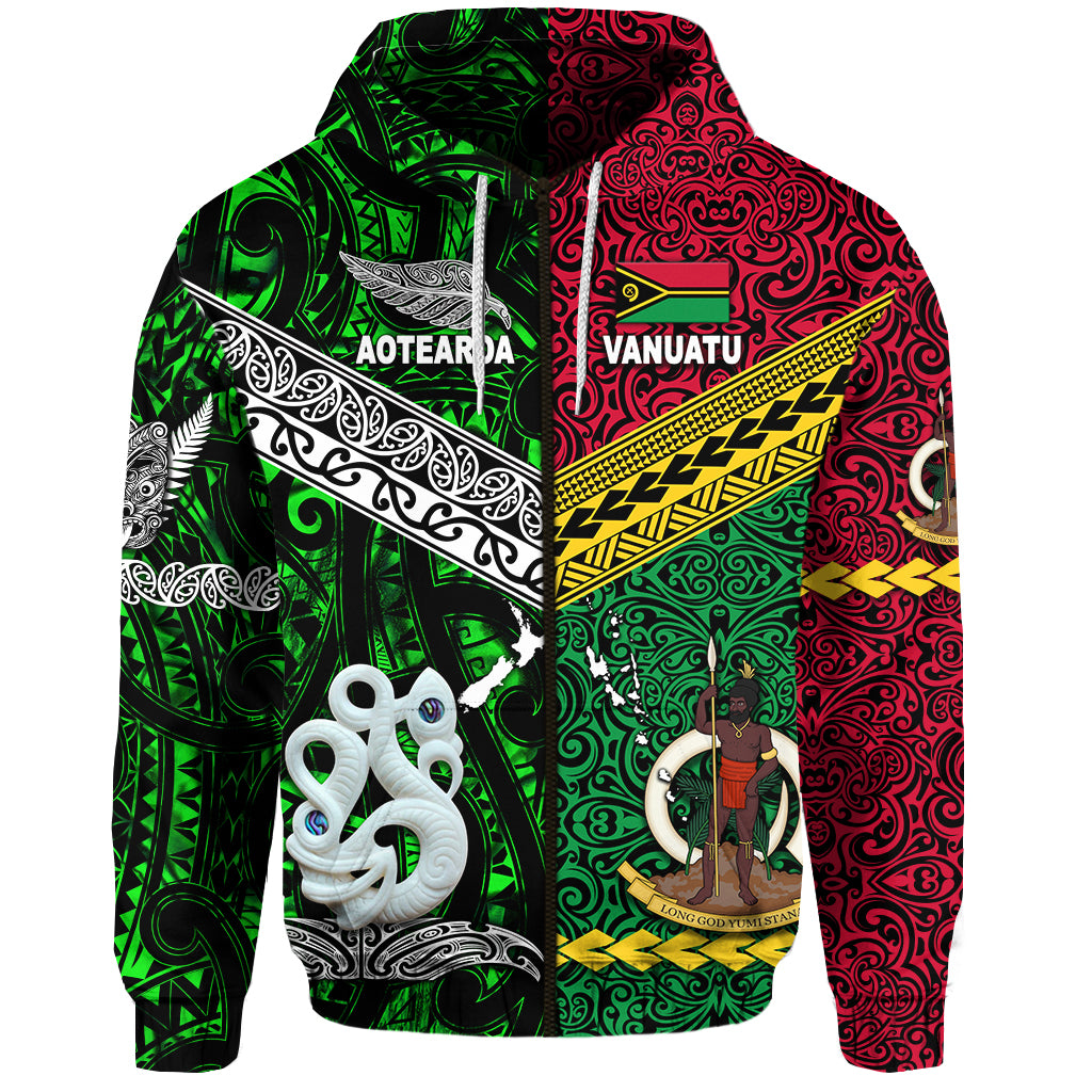 Vanuatu New Zealand Zip Hoodie Together Green LT8 - Polynesian Pride