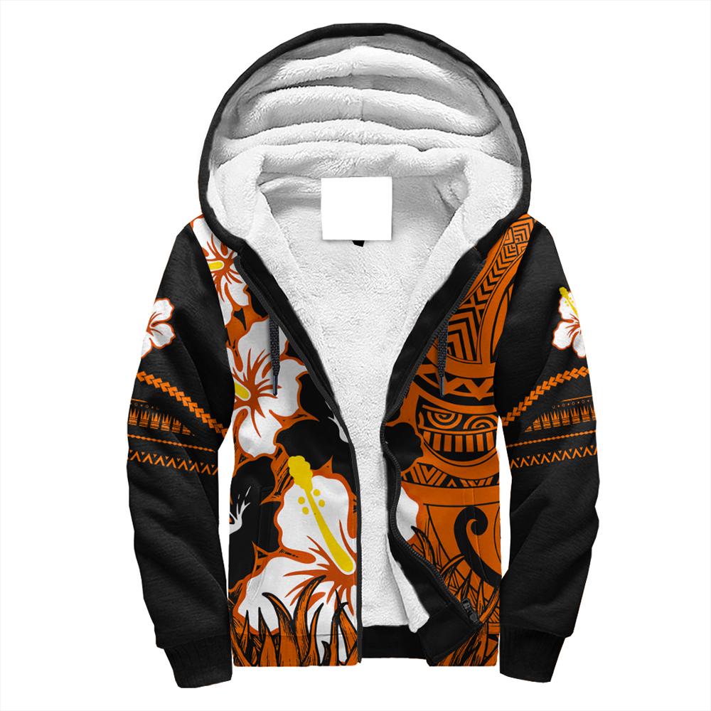 Hawaii - Black Noon Hibiscus Sherpa Hoodie AH Red - Polynesian Pride