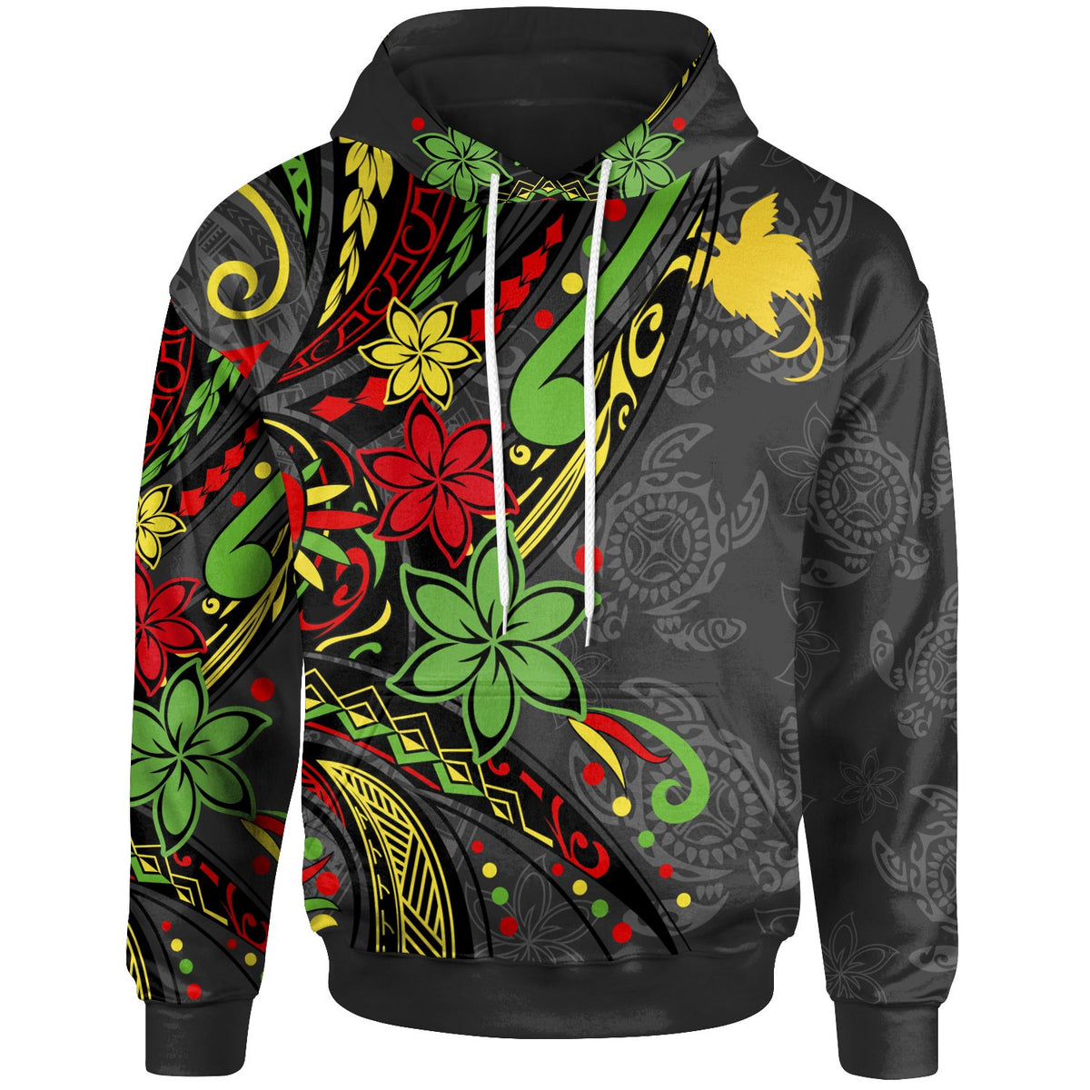 Papua Hoodie Tribal Flower With Special Turtles Unisex Black - Polynesian Pride