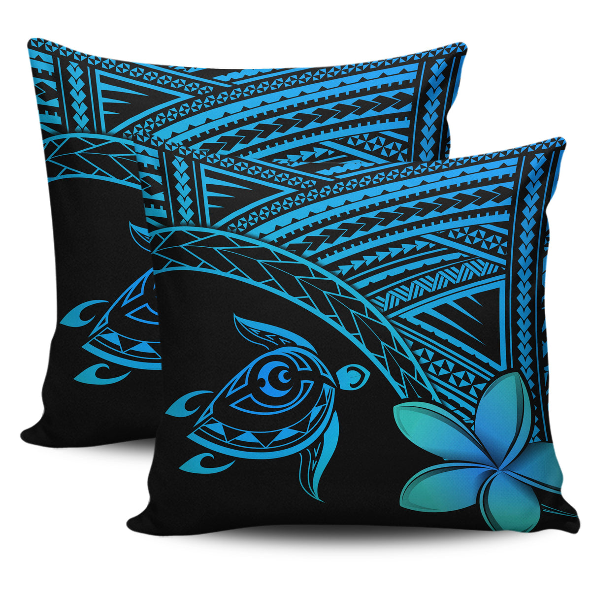 hawaiiPillow Cases - Hawaii Turtle Plumeria Blue One Size 18"x 18" (Twin Sides) (Set of 2) Blue - Polynesian Pride