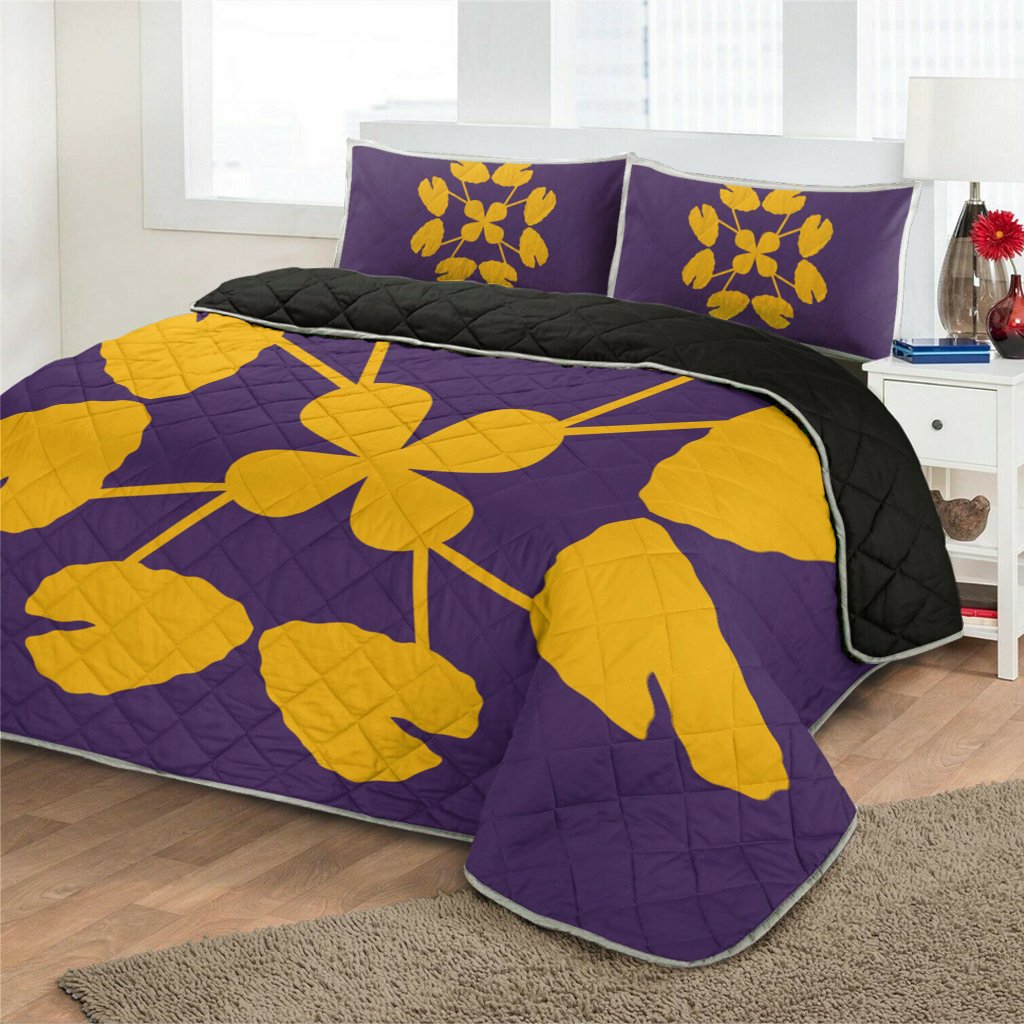 Hawaiian Royal Pattern Quilt Bed Set - Purple And Gold - D3 Style - Polynesian Pride