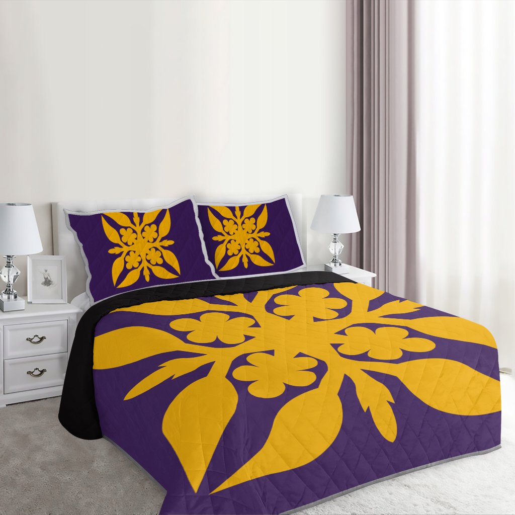 Hawaiian Royal Pattern Quilt Bed Set - Purple And Gold - G1 Style - AH - Polynesian Pride