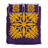 Hawaiian Royal Pattern Quilt Bed Set - Purple And Gold - A3 Style Art - Polynesian Pride