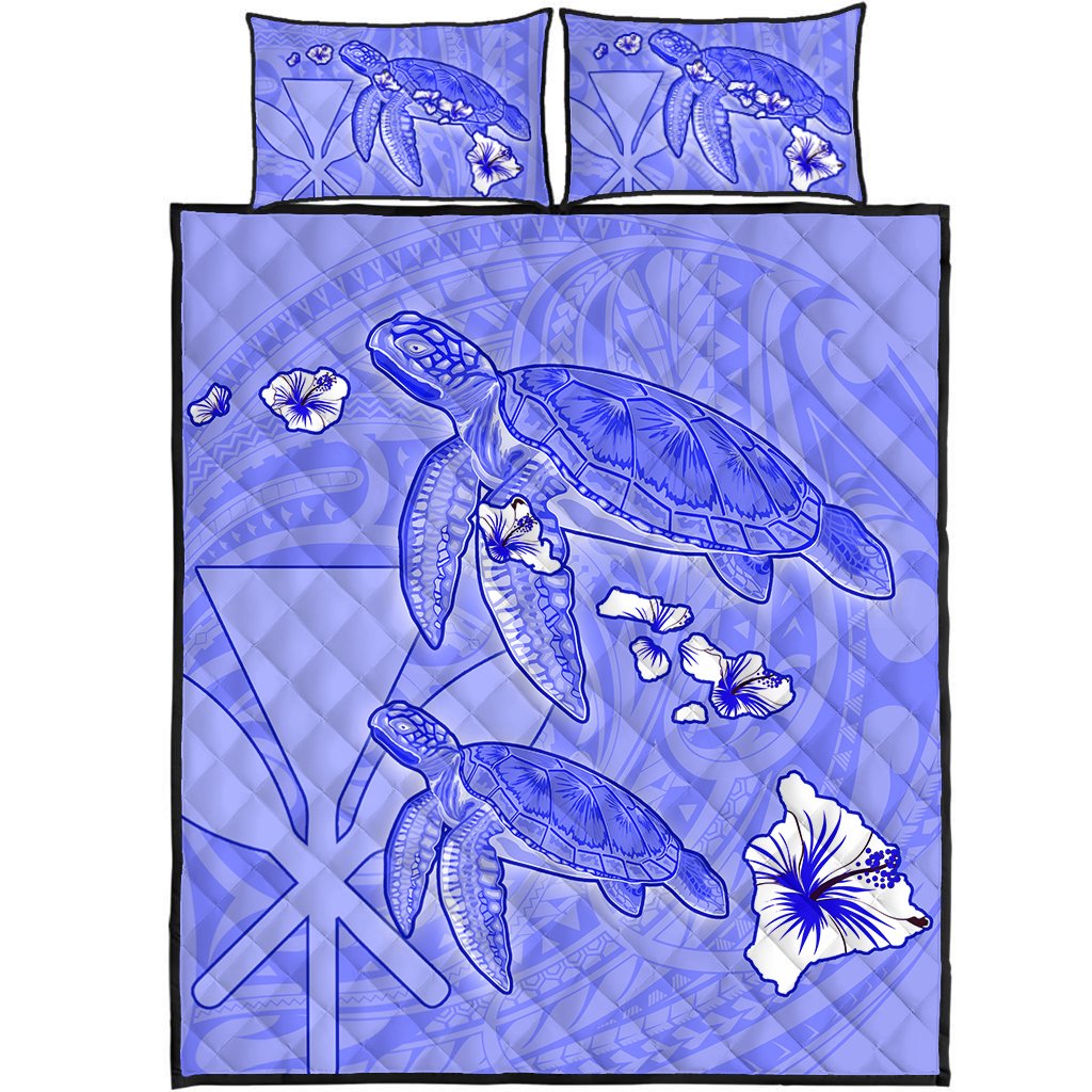 Hawaii Turtle Hibiscus Kanaka Map Quilt Bed Set - Blue - Aura Style - AH - Polynesian Pride