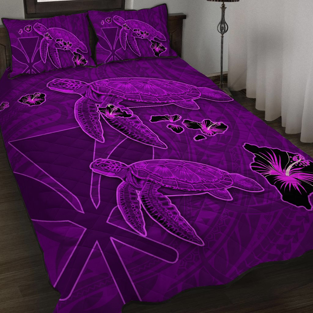 Hawaii Turtle Hibiscus Kanaka Map Quilt Bed Set - Violet - Aura Style - AH - Polynesian Pride