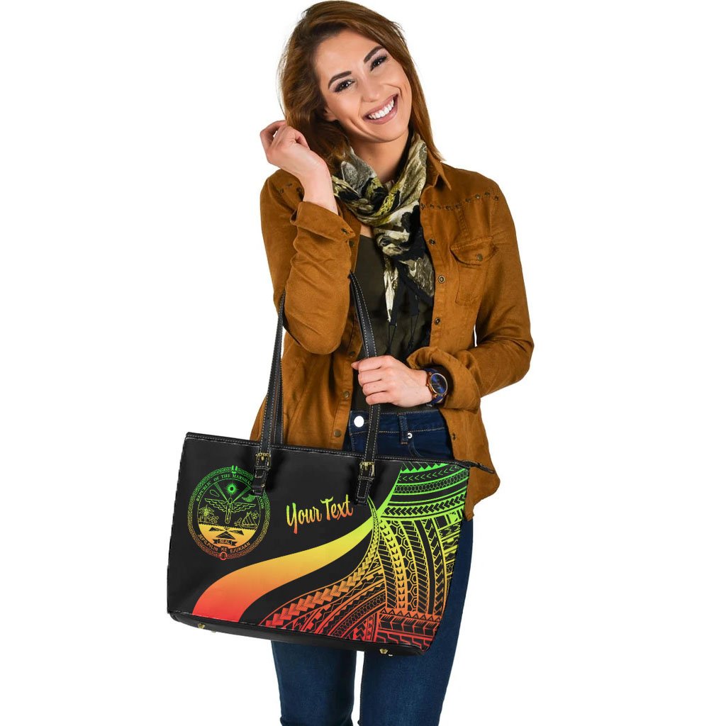 Marshall Islands Custom Personalised Large Leather Tote Bag - Reggae Polynesian Tentacle Tribal Pattern Crest - Polynesian Pride