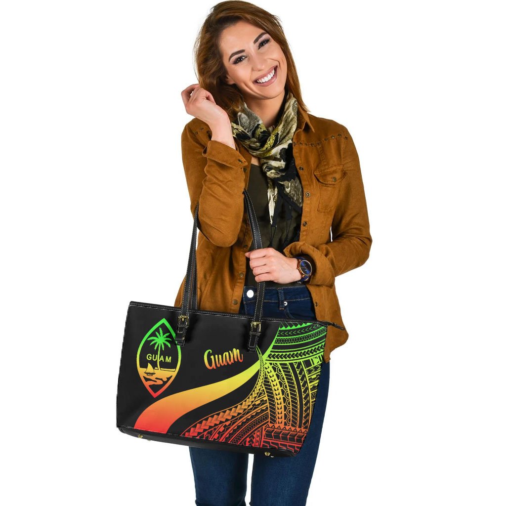 Guam Large Leather Tote Bag - Reggae Polynesian Tentacle Tribal Pattern - Polynesian Pride