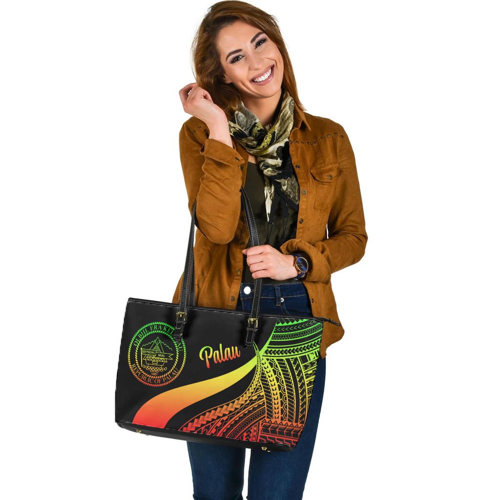 Palau Large Leather Tote Bag - Reggae Polynesian Tentacle Tribal Pattern Crest - Polynesian Pride