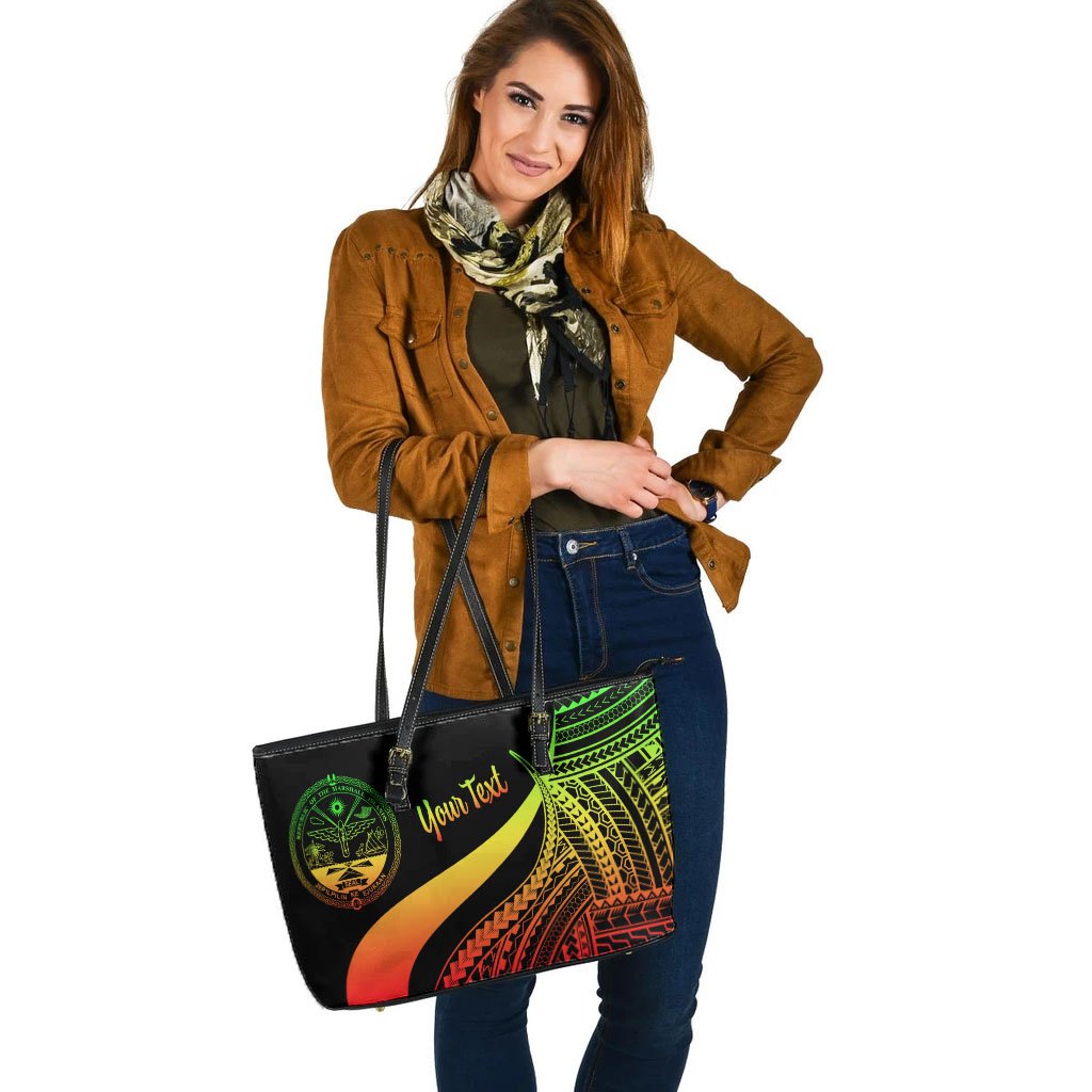 Marshall Islands Custom Personalised Large Leather Tote Bag - Reggae Polynesian Tentacle Tribal Pattern Crest - Polynesian Pride
