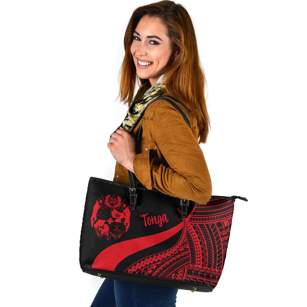 Tonga Large Leather Tote Bag - Red Polynesian Tentacle Tribal Pattern Red - Polynesian Pride