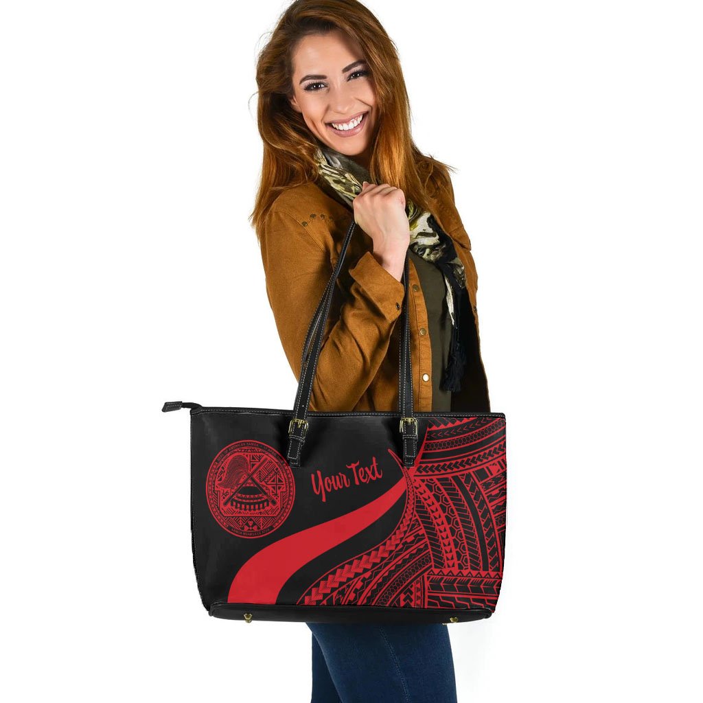 American Samoa Custom Personalised Large Leather Tote Bag - Red Polynesian Tentacle Tribal Pattern - Polynesian Pride