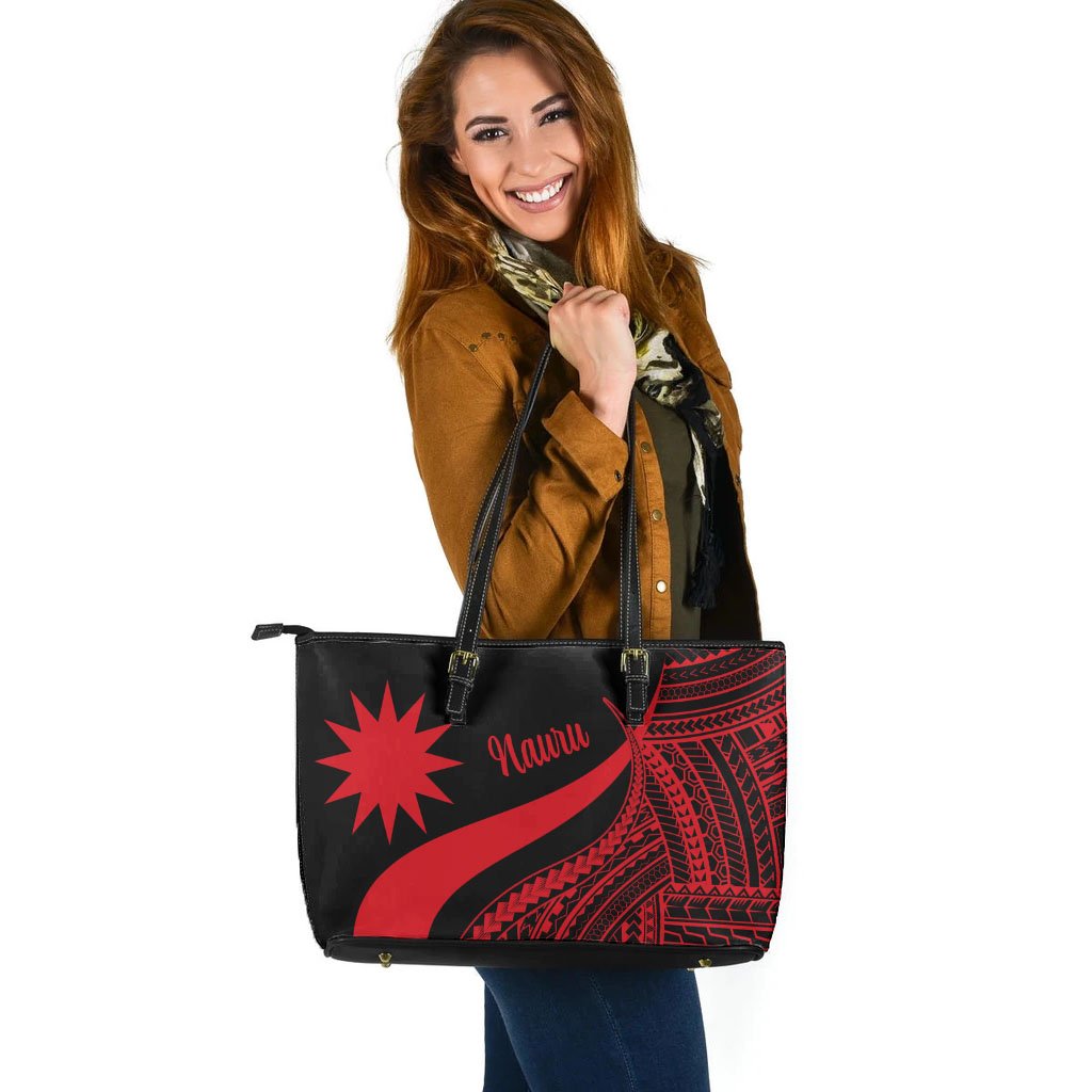 Nauru Large Leather Tote Bag - Red Polynesian Tentacle Tribal Pattern - Polynesian Pride