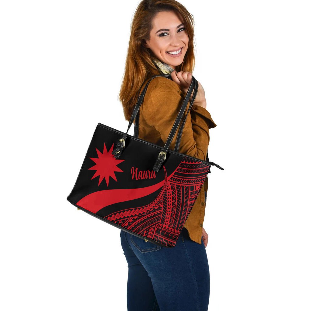 Nauru Large Leather Tote Bag - Red Polynesian Tentacle Tribal Pattern - Polynesian Pride