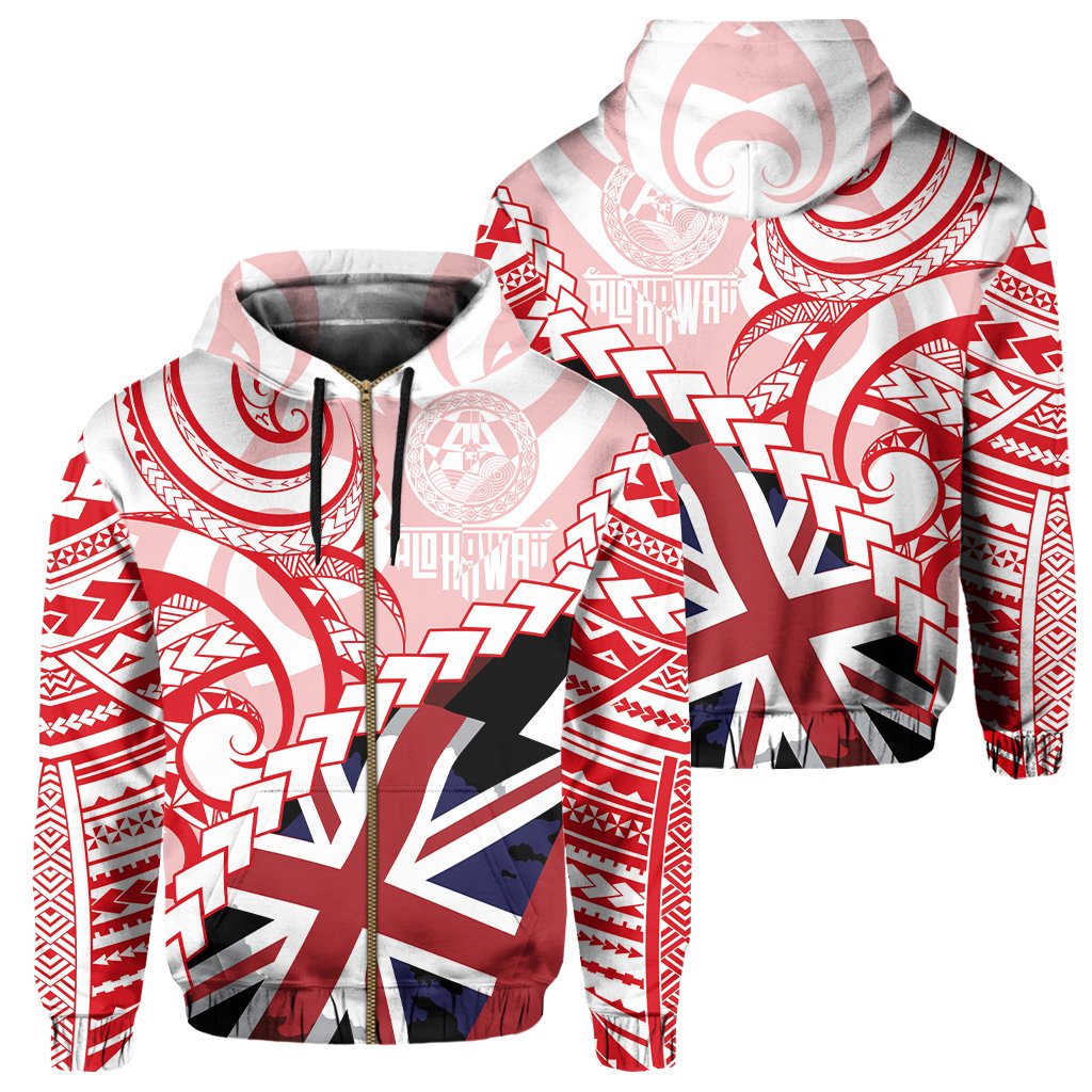 Polynesian Kakau Flag of Hawaii Zip Hoodie Red Unisex Red - Polynesian Pride