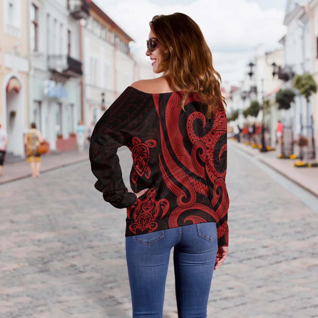 Tokelau Women's Off Shoulder Sweater - Red Tentacle Turtle - Polynesian Pride