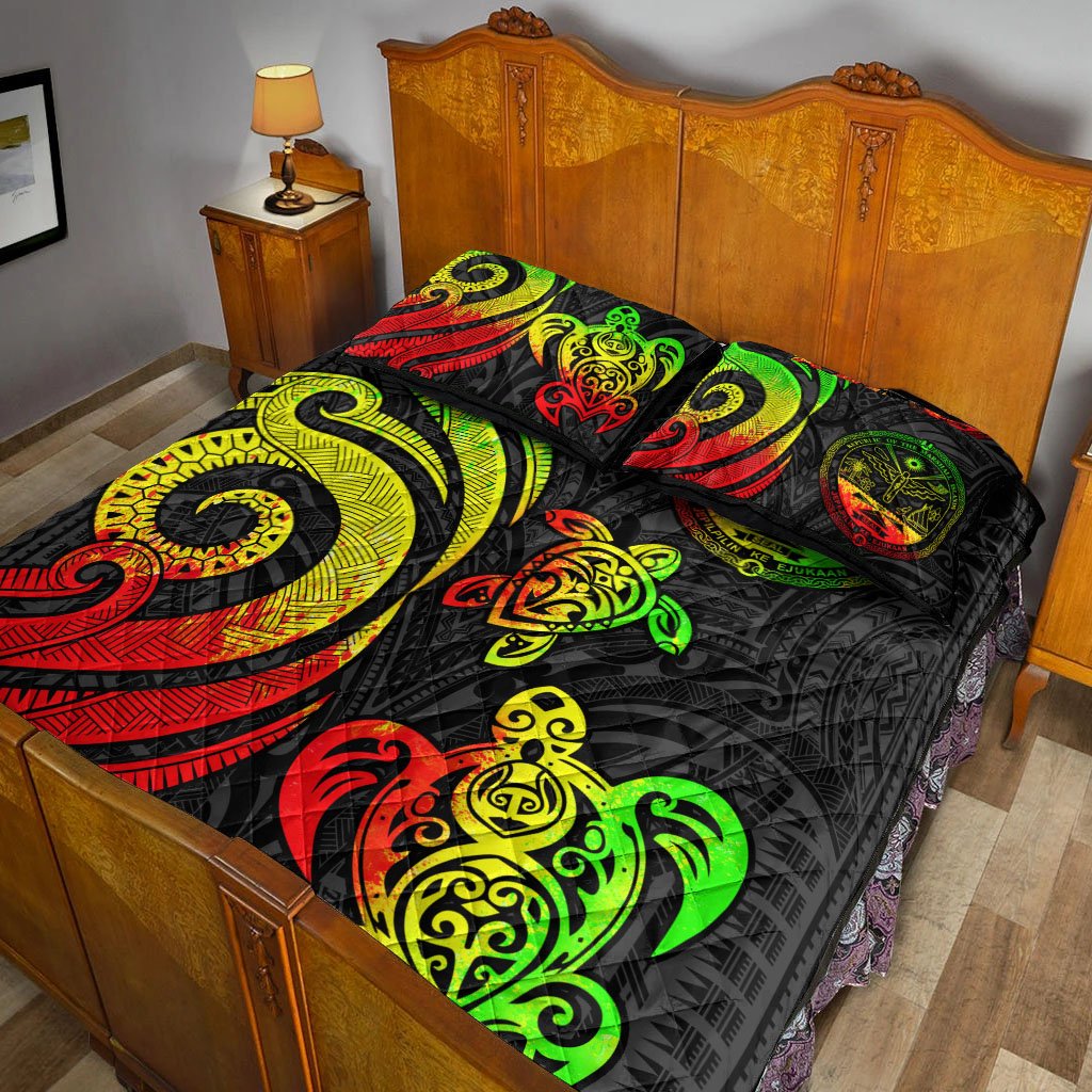 Marshall Islands Quilt Bed Set - Reggae Tentacle Turtle Crest - Polynesian Pride