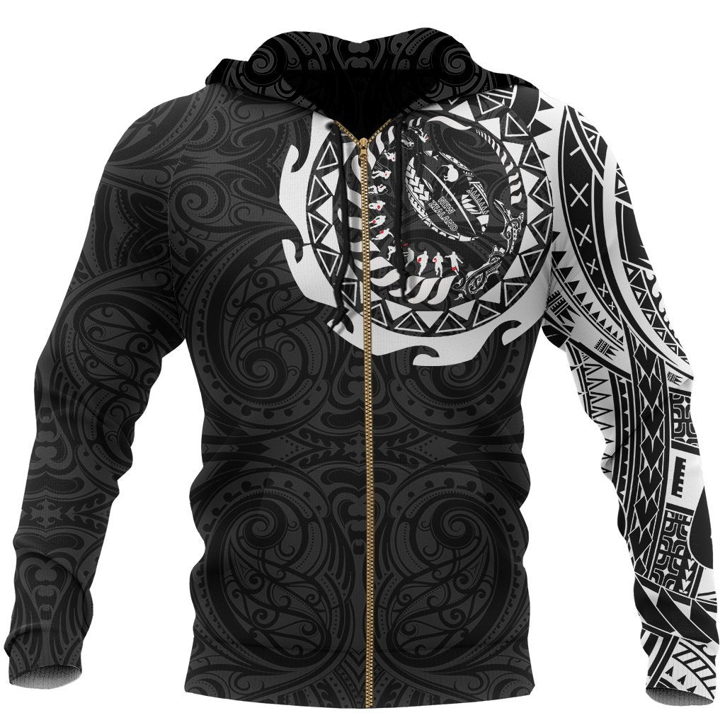 New Zealand Rugby Hoodie, Maori Tattoo Rugby Zip up Hoodie Unisex Black - Polynesian Pride