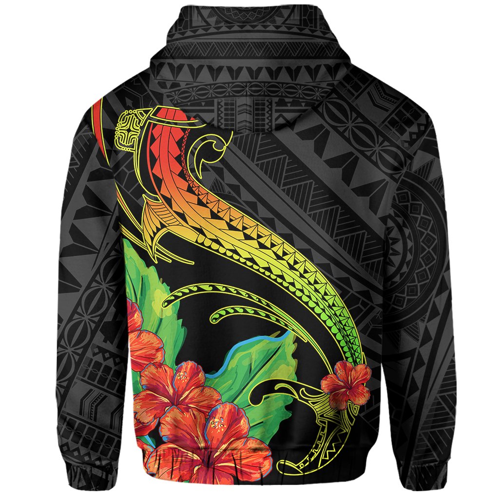 Hawaii Shark Hibiscus Polynesian Hoodie Zip Grey Morti Style - Polynesian Pride