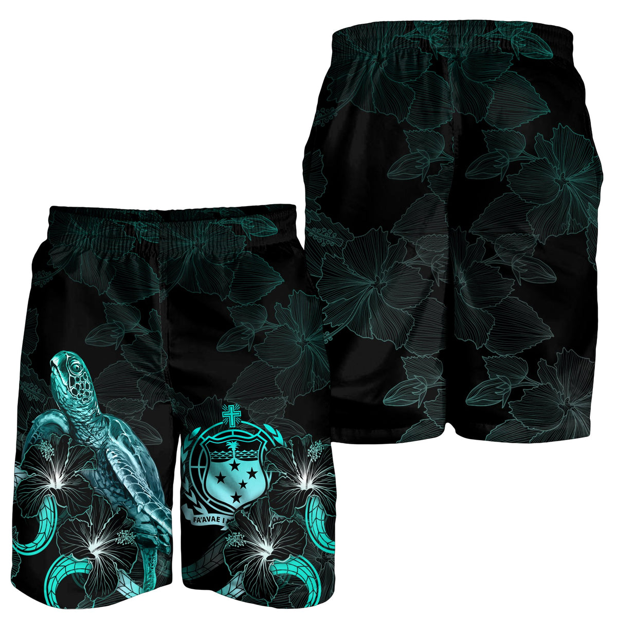 Samoa Polynesian Men's Shorts - Turtle With Blooming Hibiscus Turquoise - Polynesian Pride