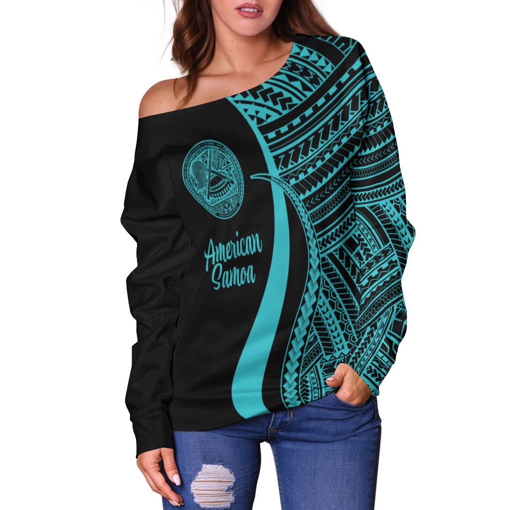 American Samoa Women's Off Shoulder Sweater - Turquoise Polynesian Tentacle Tribal Pattern - Polynesian Pride