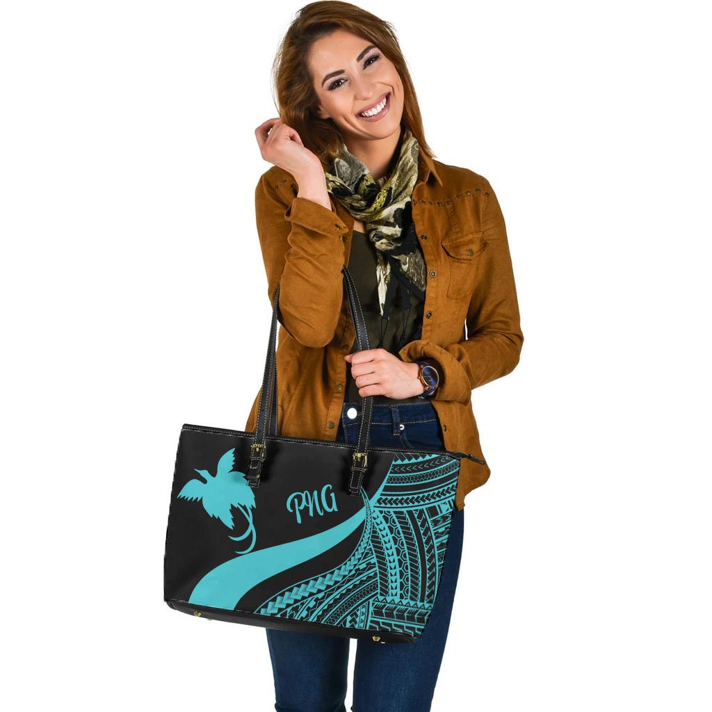 Papua New Guinea Large Leather Tote Bag - Turquoise Polynesian Tentacle Tribal Pattern - Polynesian Pride