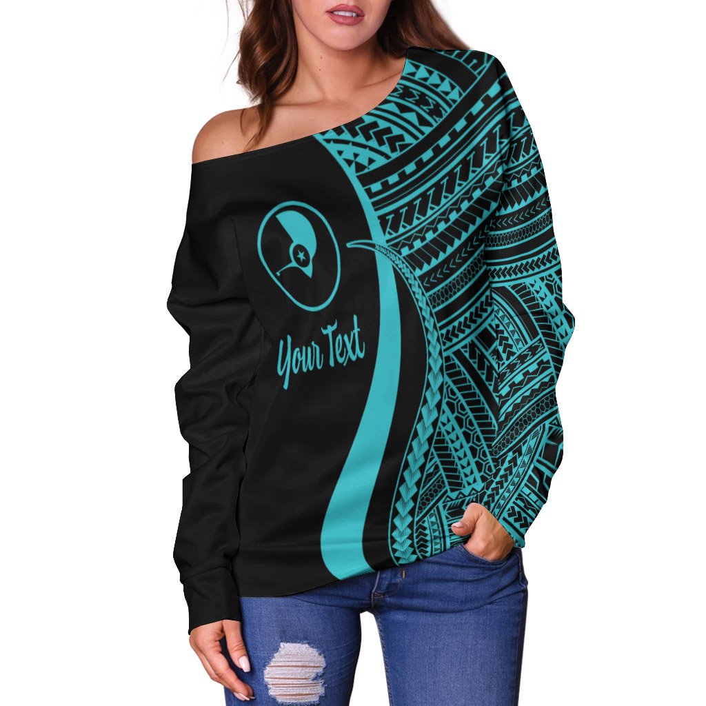 Yap Custom Personalised Women's Off Shoulder Sweater - Turquoise Polynesian Tentacle Tribal Pattern - Polynesian Pride