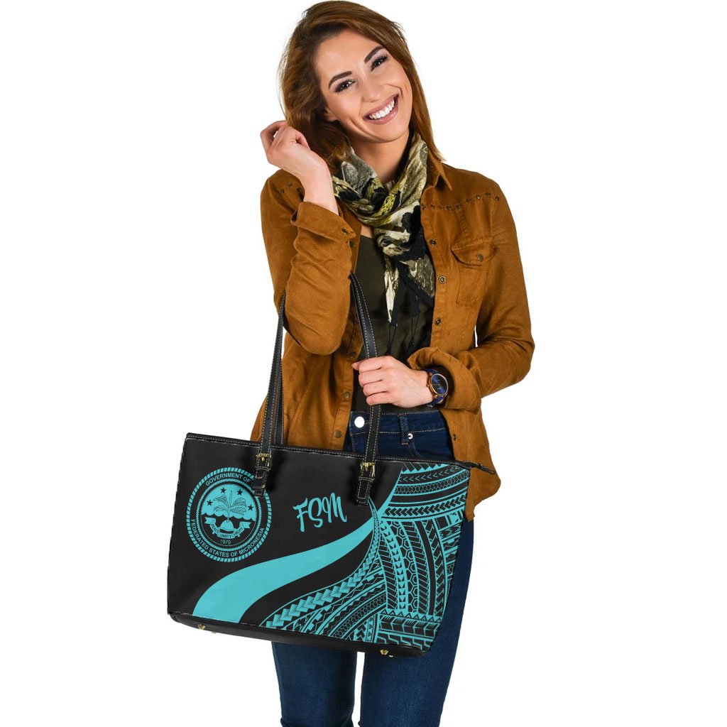 Federated States of Micronesia Large Leather Tote Bag - Turquoise Polynesian Tentacle Tribal Pattern - Polynesian Pride