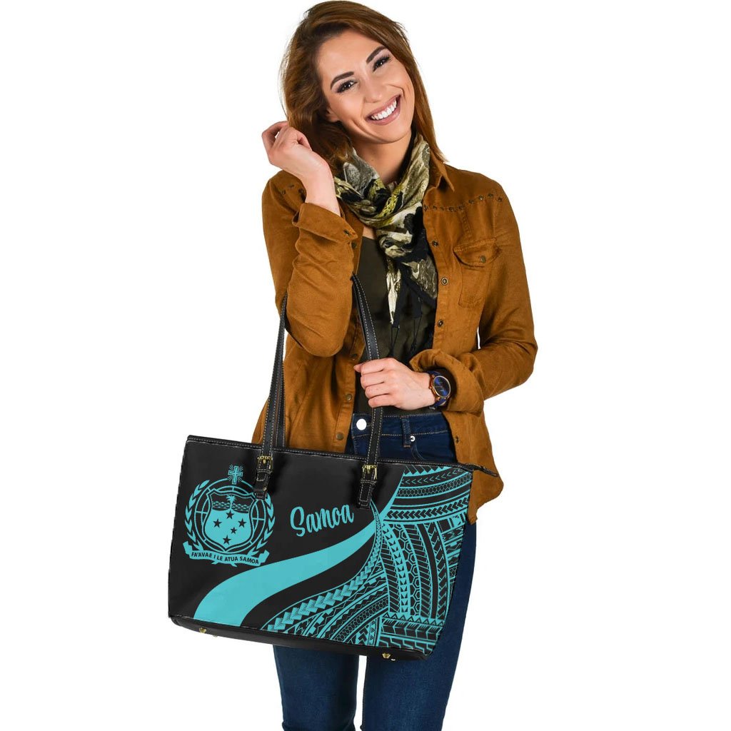 Samoa Large Leather Tote Bag - Turquoise Polynesian Tentacle Tribal Pattern - Polynesian Pride