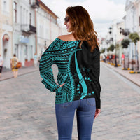 Cook Islands Women's Off Shoulder Sweater - Turquoise Polynesian Tentacle Tribal Pattern - Polynesian Pride