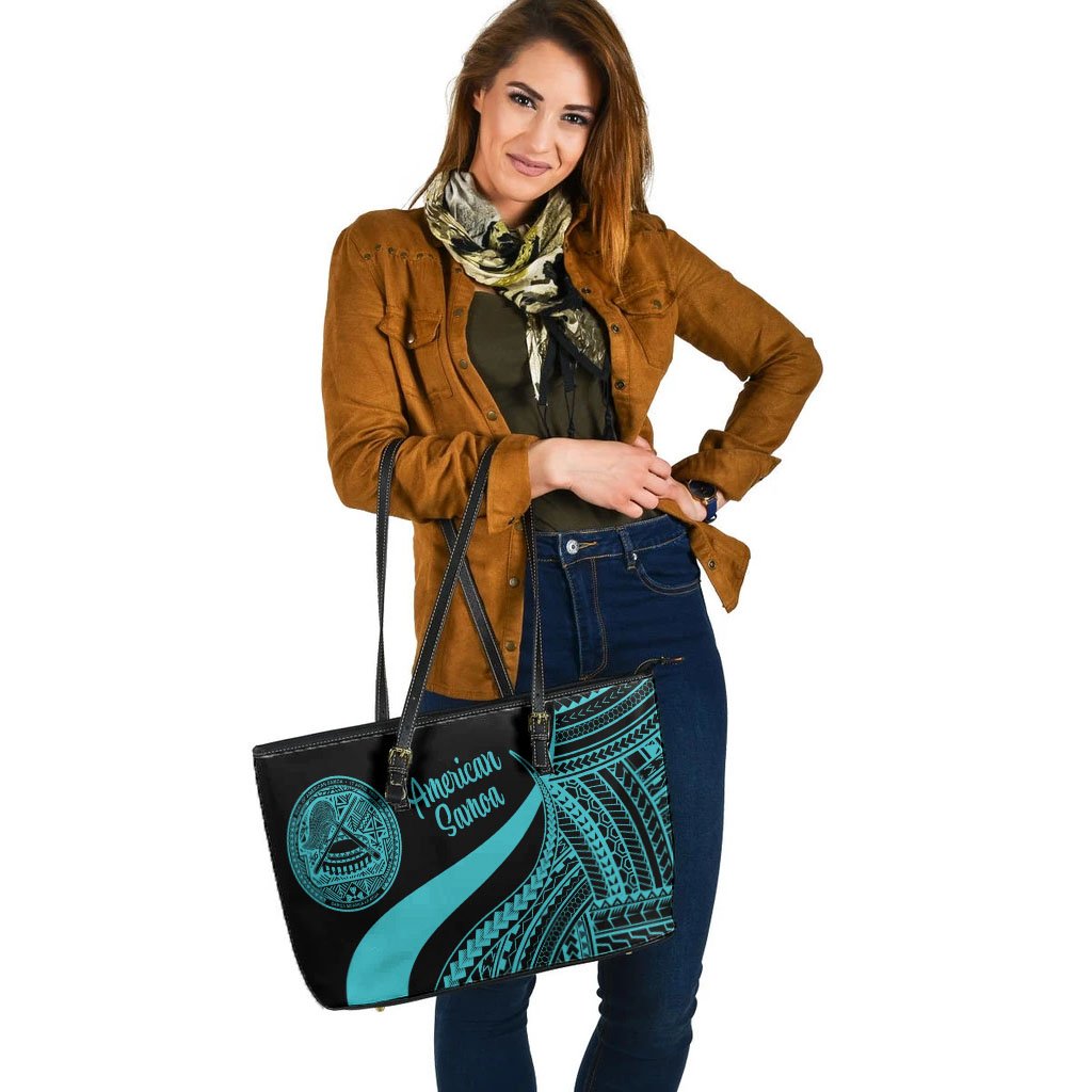 American Samoa Large Leather Tote Bag - Turquoise Polynesian Tentacle Tribal Pattern - Polynesian Pride