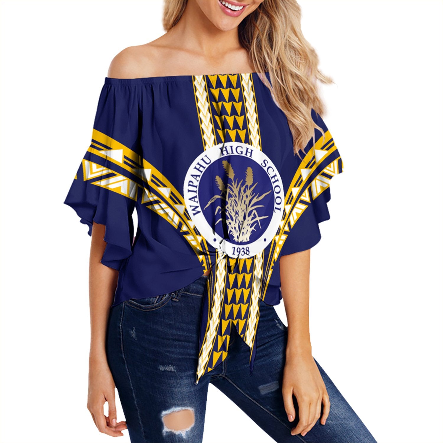 Hawaii - Waipahu High Football Jersey Off Shoulder Waist Wrap Top - AH Female Blue - Polynesian Pride