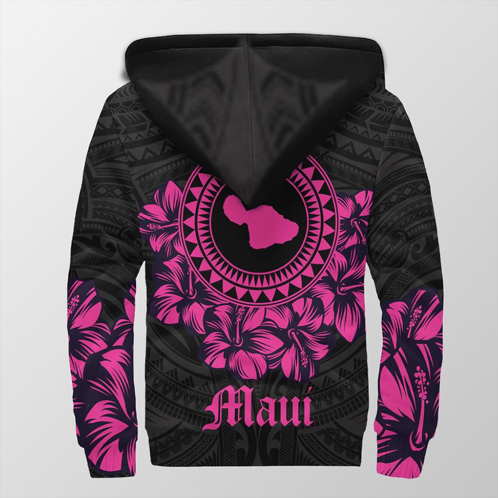 Maui Map Hibiscus Polynesian Sherpa Hoodie - Lithe Style - AH Pink - Polynesian Pride